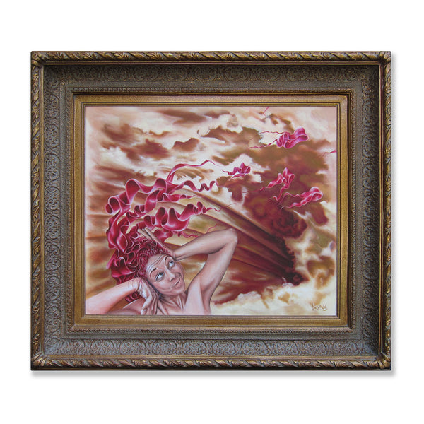 Surreal portrait oil painting of a woman gazing into the sunset. Extensions of life series are depicting our connection with nature.  Oil on canvas board in vintage frame.  Painting is 20" x 24" inches and frame is 30" x 34" x 3.5" inches.  Free shipping within the US!