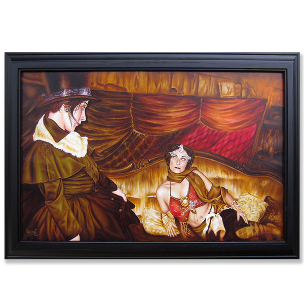 Portrait of two sexy women gazing into each others eyes in a western saloon setting oil painting framed. Nothing but sassy happening between these two lovely ladies.  Oil on linen with custom frame, ready to hang.  Painting is 36.5" x 24" inches and the frame is 42.75" x 30 x 2.25" inches.  Free shipping within the US!
