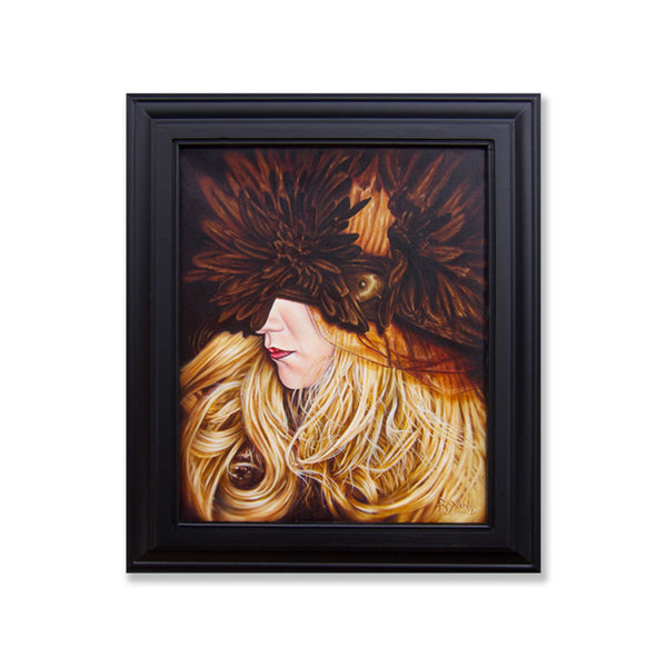 Beautiful side portrait of a victorian, western, saloon setting in a feathered hat oil painting, framed ready to hang. Some ladies just can't be tamed.  Oil on linen with custom made frame, ready to hang.  Painting is 20" x 16" inches and frame is 22.75" x 26.75" x 2.25" inches.  Free shipping within the US!