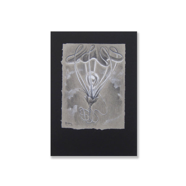 Surreal lighted flower in a landscape. Graphite and chalk on toned grey paper, matted on vintage mat.  Picture is matted on archival vintage black matting.  Watch this radiant light energize your day!  Image: 3.75" x 5" inches  Matte: 5.25"" x 7.5" inches.  Free shipping within the US!