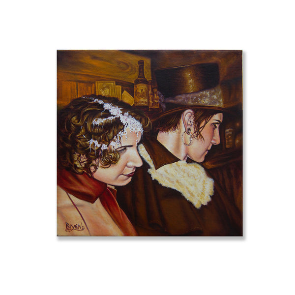 Portrait oil painting of two women in a western saloon background. I suggest you don't mess these couple of star gazers.  Oil on linen ready to hang.  Painting is 12"x 12" inches.  Free shipping within the US!