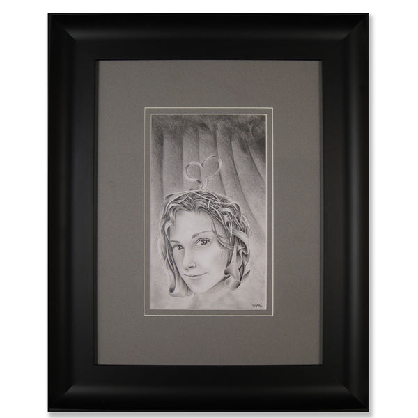 Sassy portrait of a woman gazing into your heart drawing framed. Graphite on acid free paper with custom frame.  Image: 7" x 12" Frame: 19" x 24" x 2" inches.  Free shipping within the US!