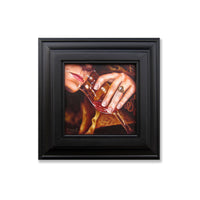 Captivating portrait of a woman sipping wine. Wine can be one of the most captivating spirits.  Oil on linen with custom frame.  Painting: 8" x 8" inches and Frame: 14.5" x 14.5" x 2.25" inches  Free shipping within the US!