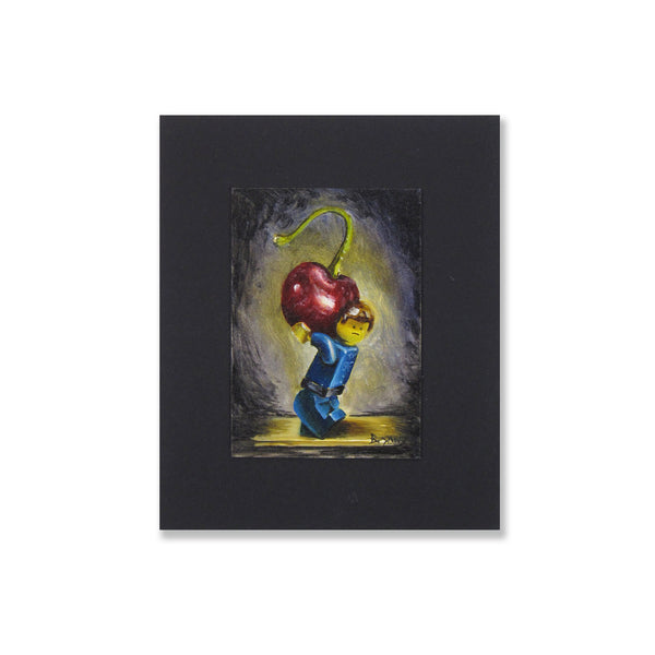 Lego with cherry still life painting. Lifting cherries is one of the best ways to keep in shape.  Oil on Illustration Board with vintage style mat.  Painting is 3.5" x 2.5" inches and mat is 5.5"x 4.5" inches.  Free shipping within the US!