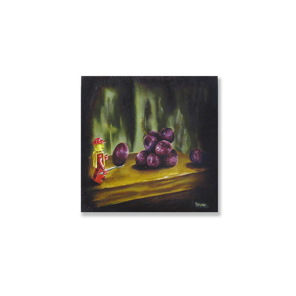 Lego with grapes still life painting. Everybody has to do there part in cleaning up.  Oil on panel on cradled wood panel, ready to hang.  Painting is 6" x 6" x 1" inches.  Free shipping within the US!