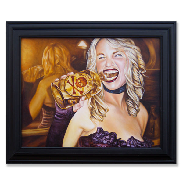 Beautiful blonde woman biting a cork out of a whiskey bottle portrait painting. I'd definitely would respect this sassy lovely lady if you know whats good for your health.  Oil on linen with custom frame, ready to hang.  Painting is 20" x 25" inches and frame is 26.5" x 31.5" x 2.25" inches.  Free shipping within the US!