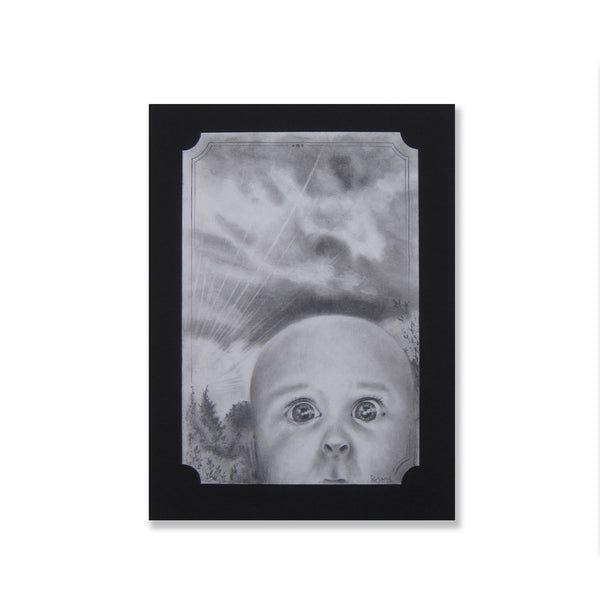 adorable infant portrait gazing into the corner of a  sunset landscape drawing. Shhh you never know what you'll hear when you're quiet.  Graphite on acid free paper.  The piece is matted on archival vintage black matting.  Image: 3 1/2" x 5 1/4" inches  Matting: 4 1/2" x 6 1/4" inches  Free shipping within the US!
