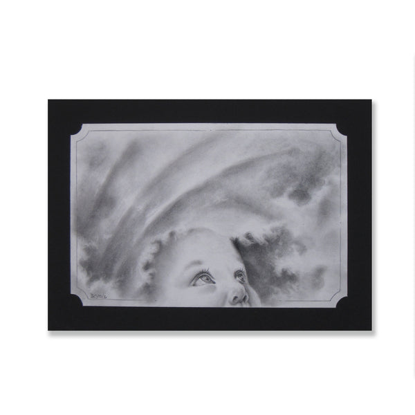 Beautiful baby gazing up to the sky drawing. Graphite on acid free paper.  This piece is matted on archival vintage black matting.  Image: 5.25" x 3.5" inches  Matte: 6.25" x 4.5" inches  Free shipping within the US!