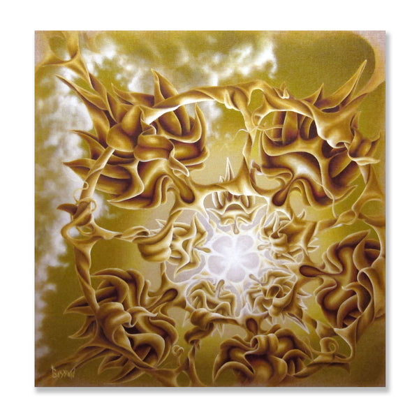 Vibrant, light detailed, bright surreal abstract vine flower landscape in the sky. This bloom packs a lot of energy.  Oil on clear primed linen and ready to hang.  Piece is 24" x 24" x 1.5" inches.  Free shipping within the US!