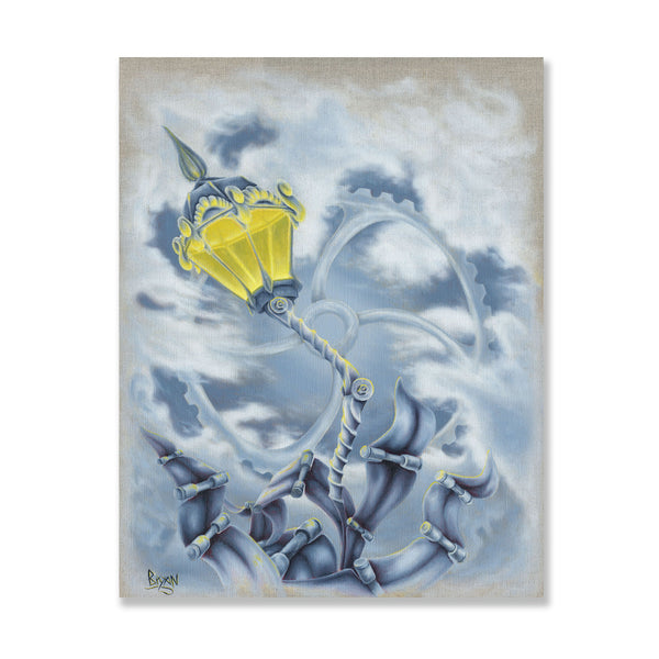 Enlightened is a surreal abstract engineered flower. Victorian lighted lamp with gear stem and petals, blues, in landscape scenery. Oil on clear primed linen ready to hang.  Piece is 18" x 24" x 1.5" inches.  Free shipping within the US!