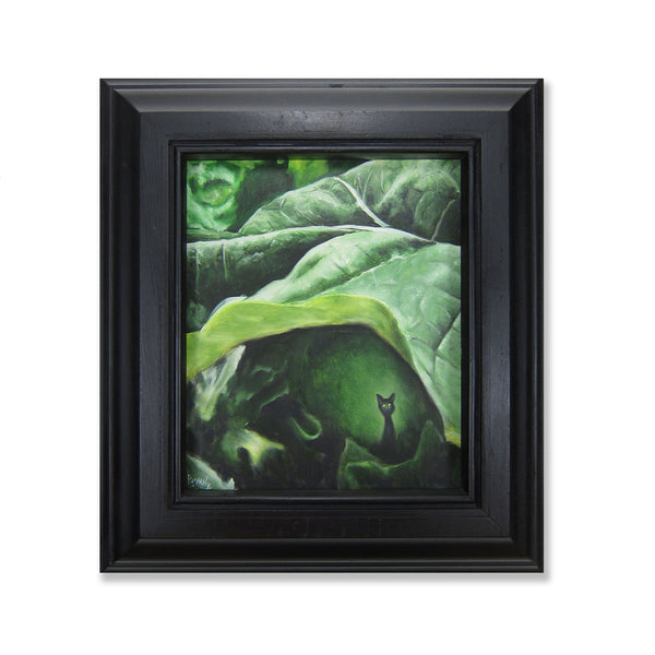 landscape painting with a squirrel deep in leaves oil painting framed. Large leaves can make a great temporary house.  Oil on panel with custom frame, ready to hang.  Piece is 7.5" x 9" inches and frame is 12" x 13.5" x 1.25" inches.  Free shipping within the US!