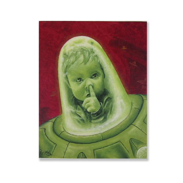 Surreal young kid picking his nose in a spaceship. We stand no chance with the invasion of the Booger Snatchers!  Oil on canvas panel.  Painting is 8" x 10" inches.  Free shipping within the US!