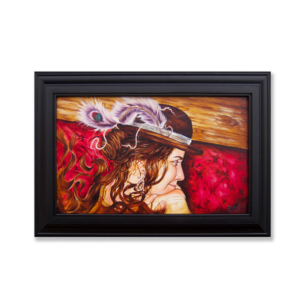 Beautiful portrait of a woman gazing to her lover in a western, victorian, saloon setting oil painting. How can you not melt hearts with a smile like that.  Oil on linen with custom frame ready to frame  Painting is 14 x 22 inches and frame is 20 1/2 x 28 1/2 x 2 1/4 inches  Free shipping within the US!