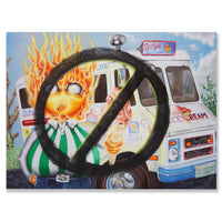 Surreal pop art of Sunny with a burning sun for a head and an ice cream truck in the background and his ice cream is melting. You know how getting ice cream is going to be when you have a sun for a head.  Oil on panel with wood cradle, ready to hang.  Painting is 18" x 14" x 1" inches.  Free shipping within the US!