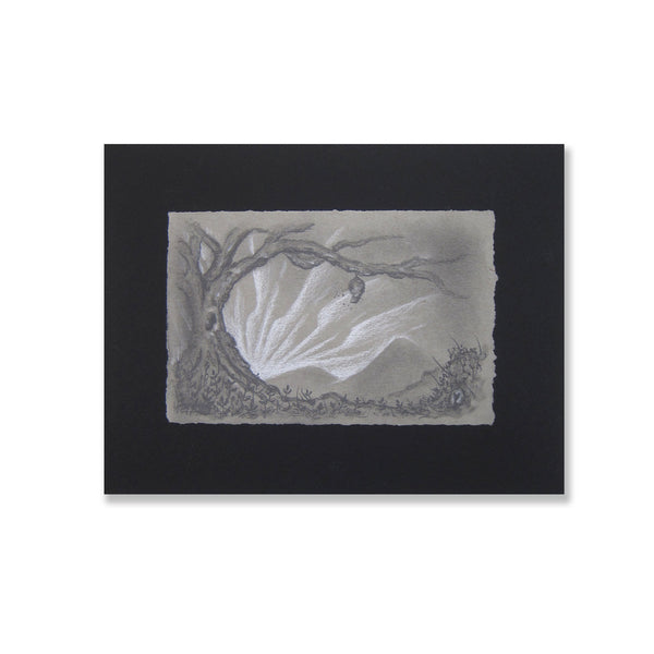 Surreal abstract nature landscape drawing of a beehive in a tree with a sunrise drawing. Graphite and chalk on toned grey paper.  Picture is matted on archival vintage black matting.  Getting those busy bees back to work on the break of the day!  Image: 6" x 4" inches  Matte: 8.75" x 6.75" inches.  Free shipping within the US!