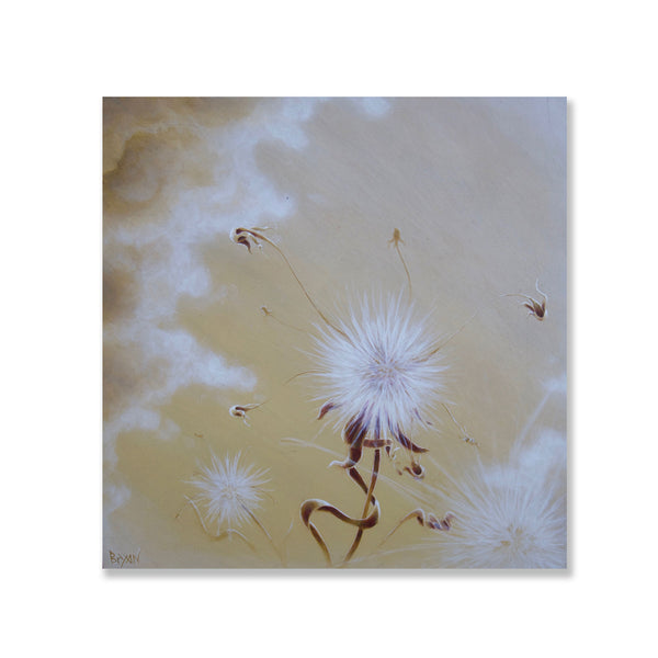 Surreal, abstract dandelions in a landscape painting. These soft little puff balls make great pillows.  Acrylic on panel with cradle and ready to hang.  Piece is 12" x 12" inches.  Free shipping within the US!
