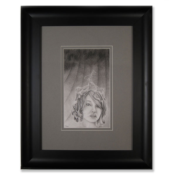 Portrait drawing surreal of a beautiful asian gazing into your deepest thoughts. Graphite on acid free paper with custom frame.  Image: 7" x 12"  Frame: 19" x 24" x 2" inches.  Free shipping within the US!
