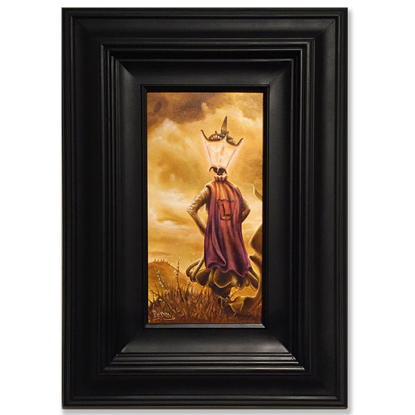 Superhero Lunamina protecting nature with her cape gazing off into the landscape as the sun sets oil painting. Not many people know that Lunamina also has a secret life as the watcher of all the lands.  Oil on canvas board with custom wood frame ready to hang.  Piece is 6.5" x 12.5" and frame is 15.5" x 21" x 2 .25" inches.  Free shipping within the US!