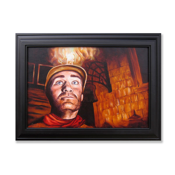 Portrait oil painting of a western miner in a saloon background oil painting framed. Not all lights are nice, some are a bit naughty.  Oil on linen with custom frame, ready to hang.  Painting is 17" x 25" inches and frame is 23.5" x 31.5" x 2.25" inches.  Free shipping within the US!